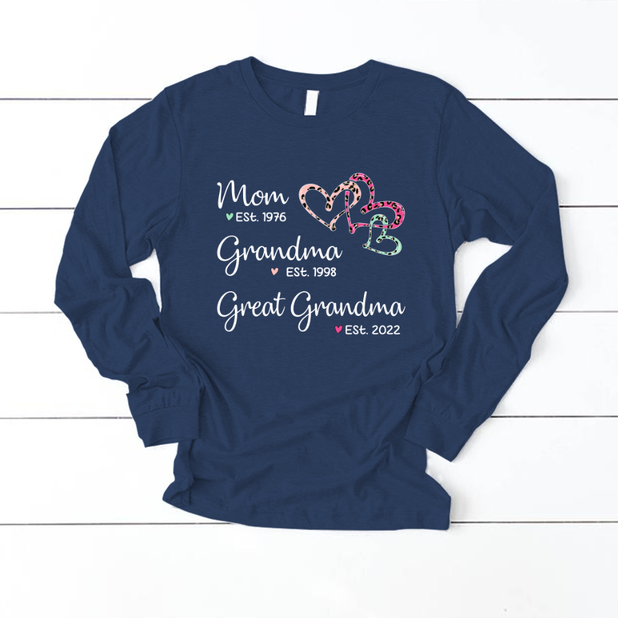 Mom Est Grandma Est Great Grandma Heart Leopard Black Longsleeve