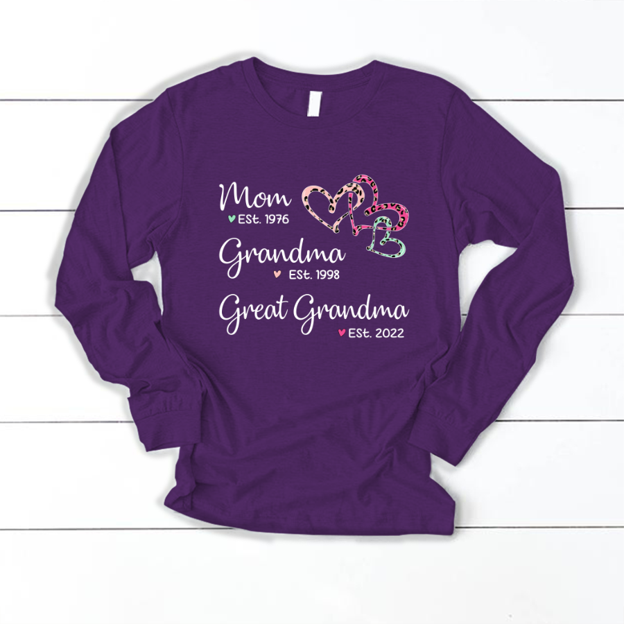 Mom Est Grandma Est Great Grandma Heart Leopard Black Longsleeve