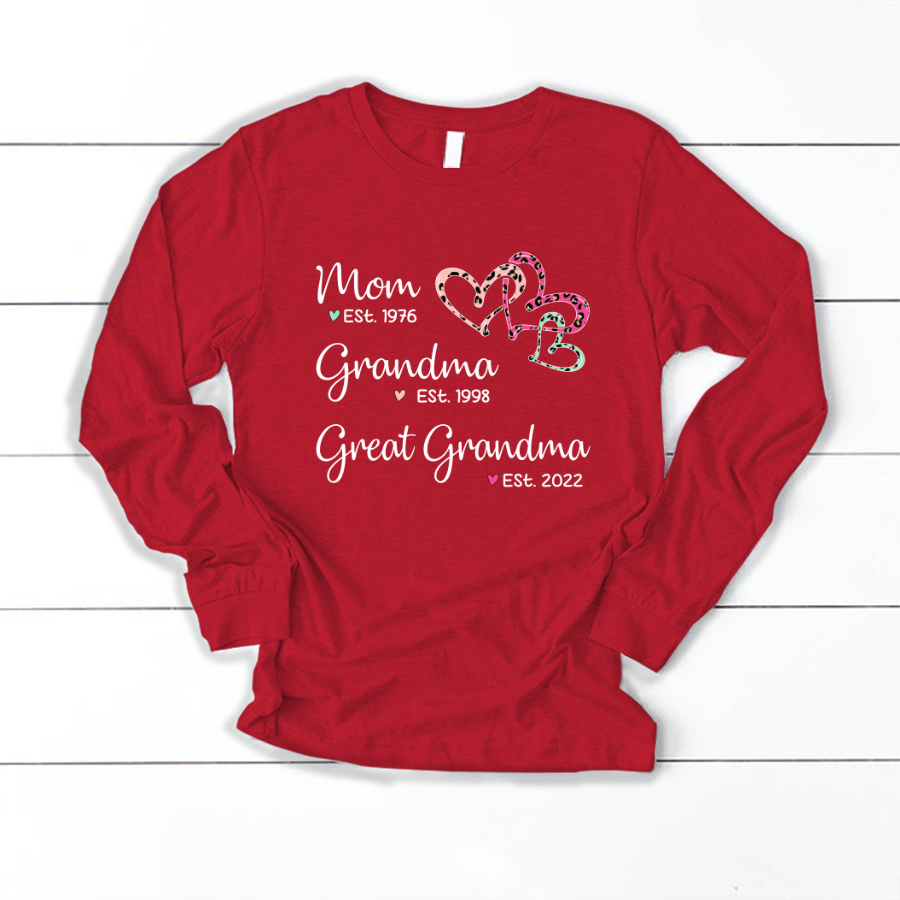 Mom Est Grandma Est Great Grandma Heart Leopard Black Longsleeve