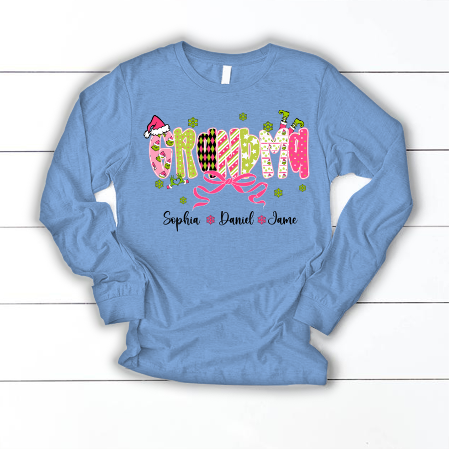 Personalized Christmas Grandma and Grankids Pink Snow Shirt