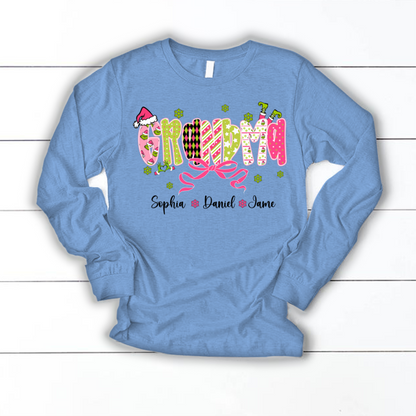 Personalized Christmas Grandma and Grankids Pink Snow Shirt