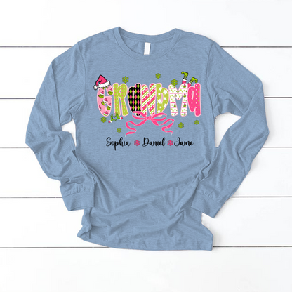 Personalized Christmas Grandma and Grankids Pink Snow Shirt