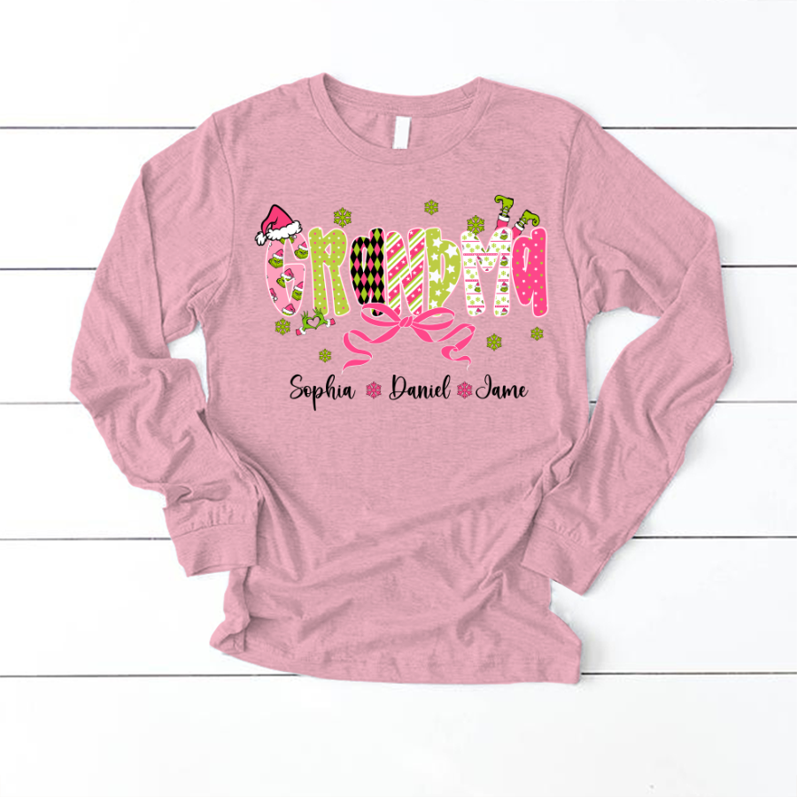 Personalized Christmas Grandma and Grankids Pink Snow Shirt