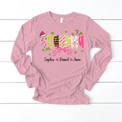 Personalized Christmas Grandma and Grankids Pink Snow Shirt