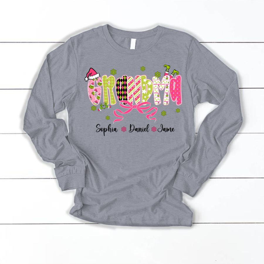Personalized Christmas Grandma and Grankids Pink Snow Shirt