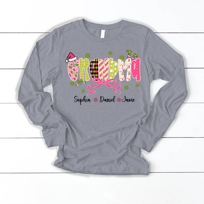 Personalized Christmas Grandma and Grankids Pink Snow Shirt