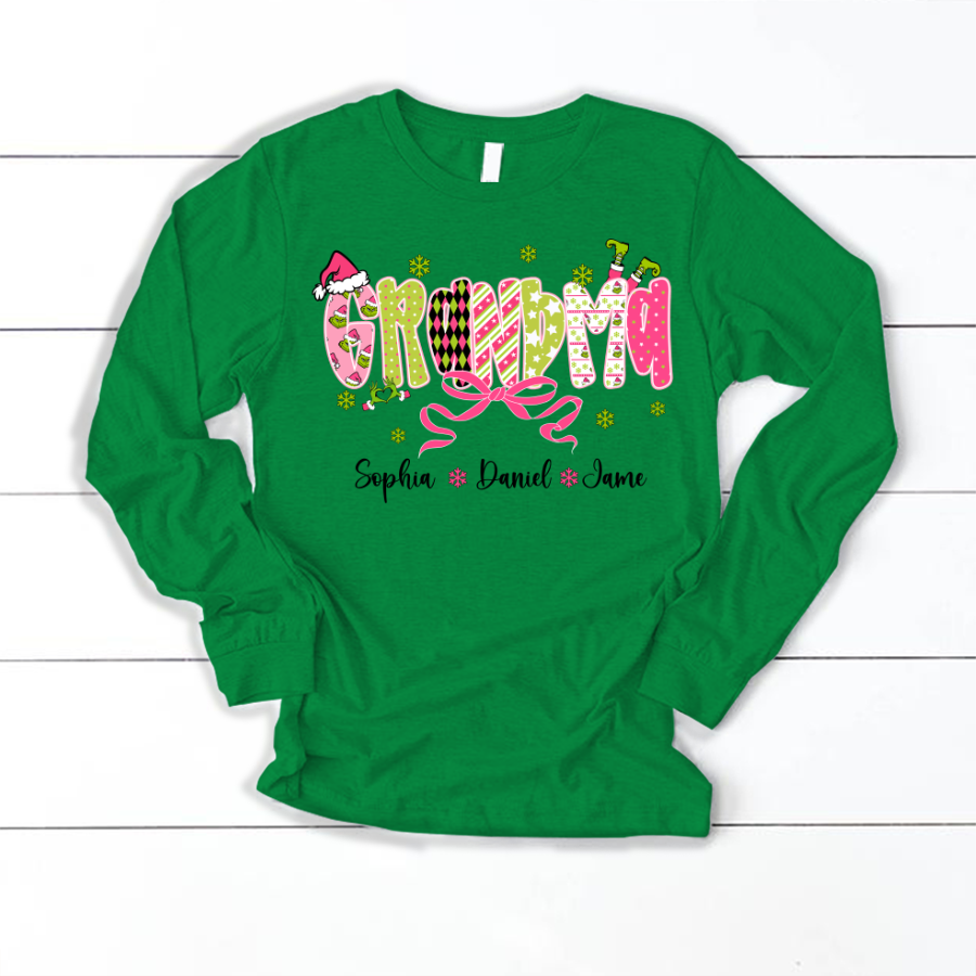 Personalized Christmas Grandma and Grankids Pink Snow Shirt