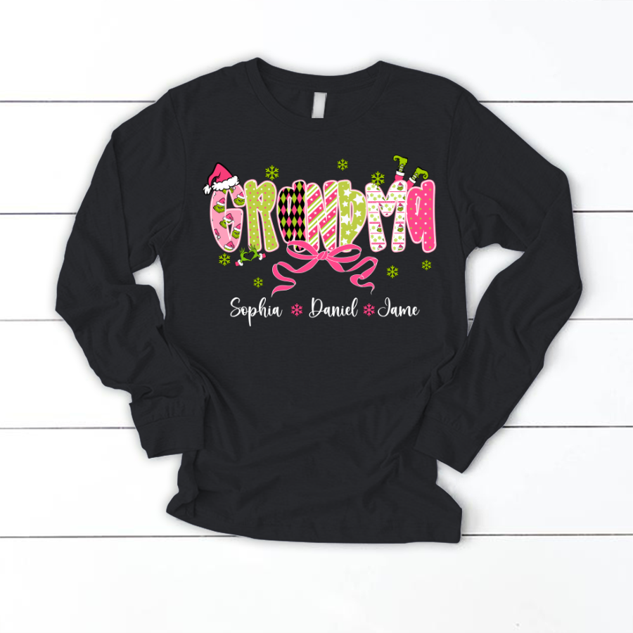 Personalized Christmas Grandma and Grankids Pink Snow Shirt