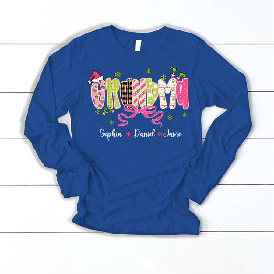 Personalized Christmas Grandma and Grankids Pink Snow Shirt
