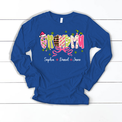 Personalized Christmas Grandma and Grankids Pink Snow Shirt