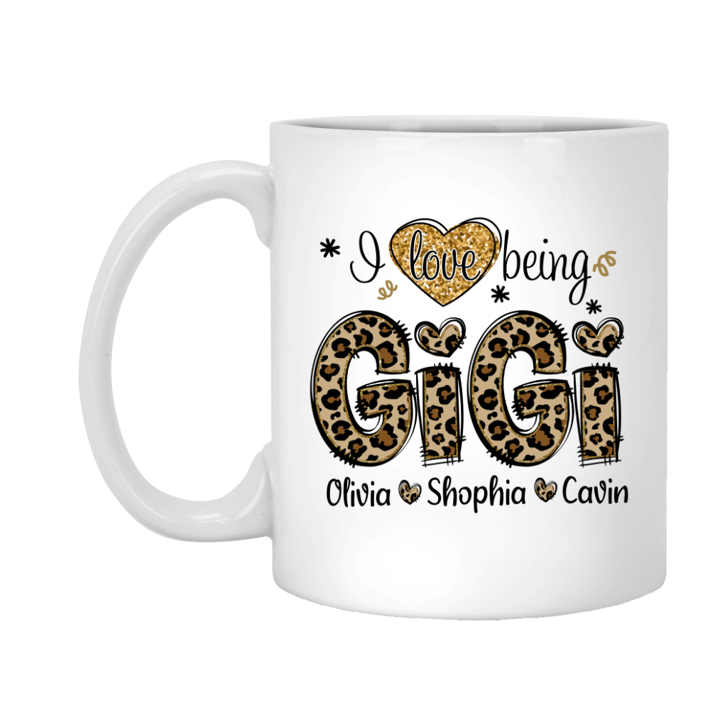 Personalized I love being Gigi Shirt, Custom Grandma With Grandkids Glitter Leopard Mug