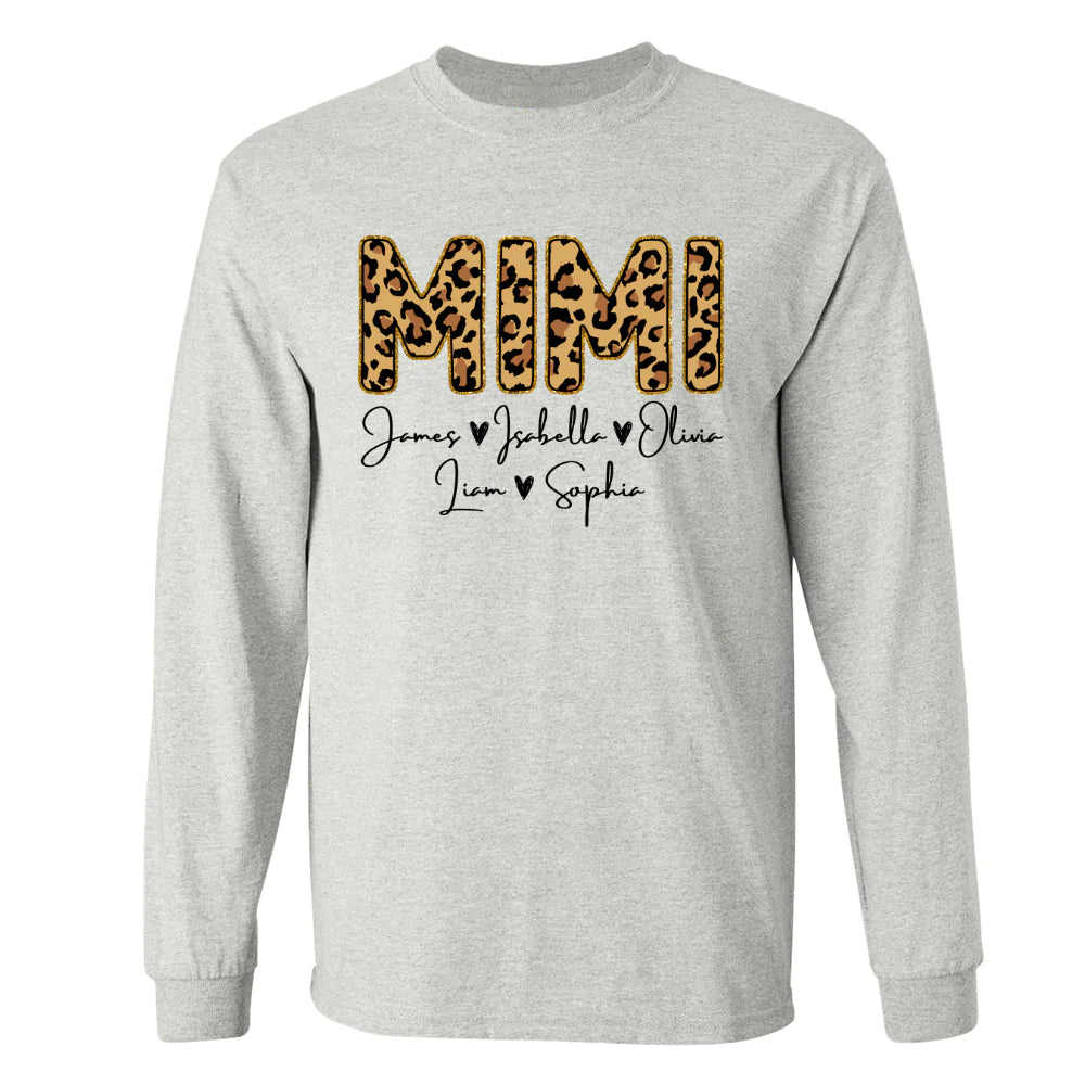 Personalized Mimi Grandkids name leopard Longsleeve