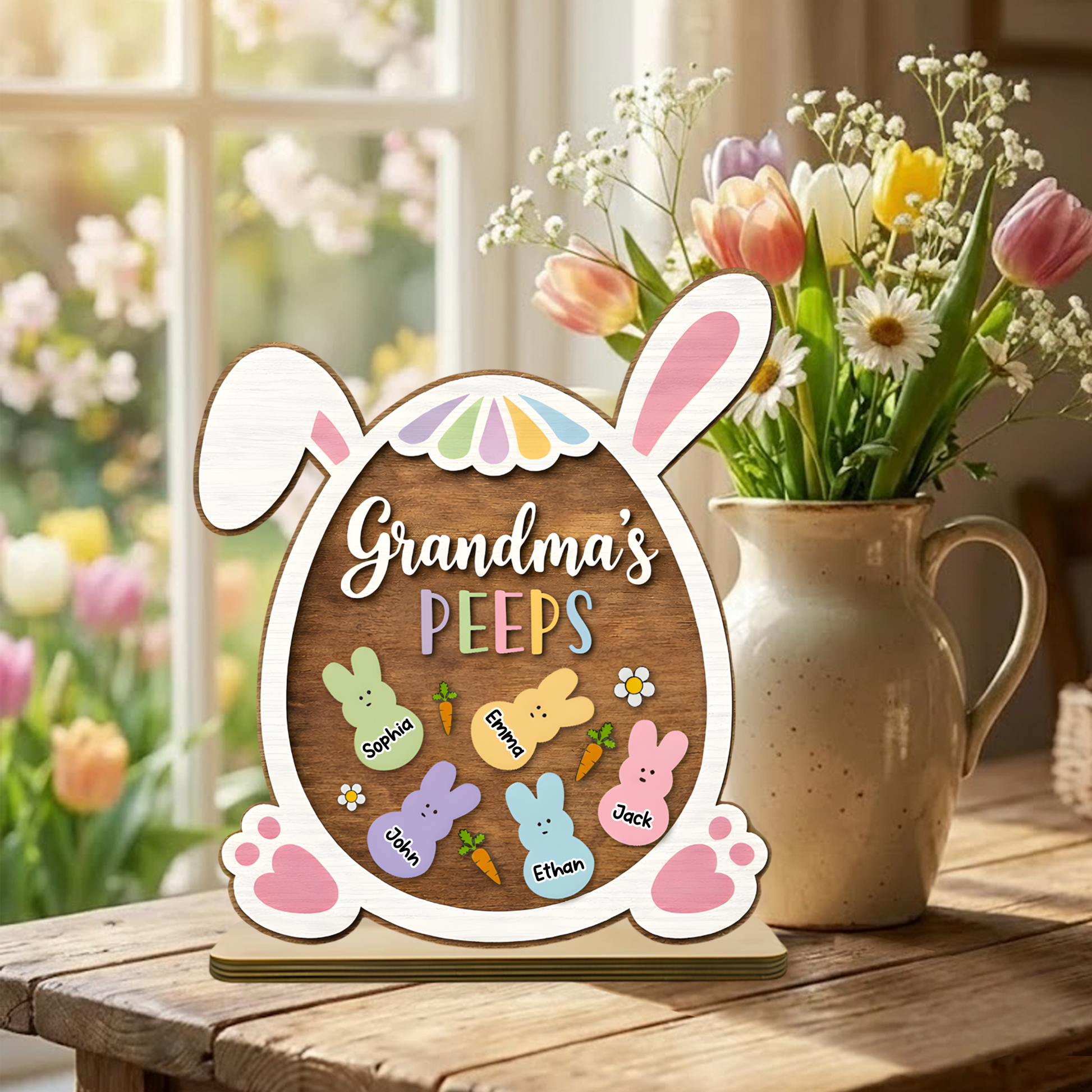 Personalized Easter Wooden Plaque - Custom Family Names with Bunny Design for Grandma, Spring Decor Gift