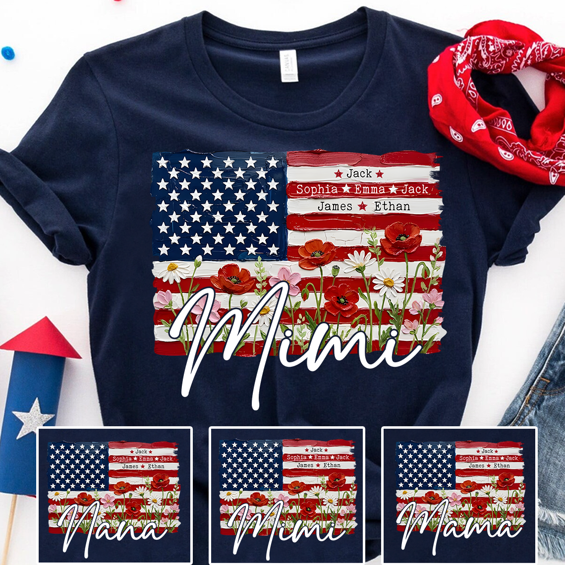 Personalized Patriotic USA Flag Floral Mimi T-shirt, Custom Family Names T Shirt, Perfect for Nana, Gigi, Grandma