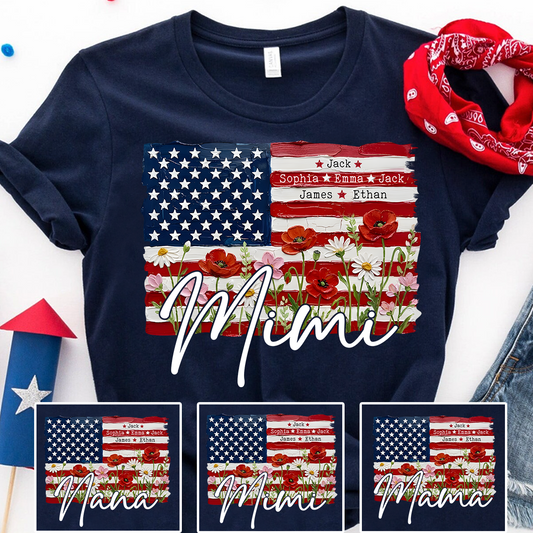 Personalized Patriotic USA Flag Floral Mimi T-shirt, Custom Family Names T Shirt, Perfect for Nana, Gigi, Grandma