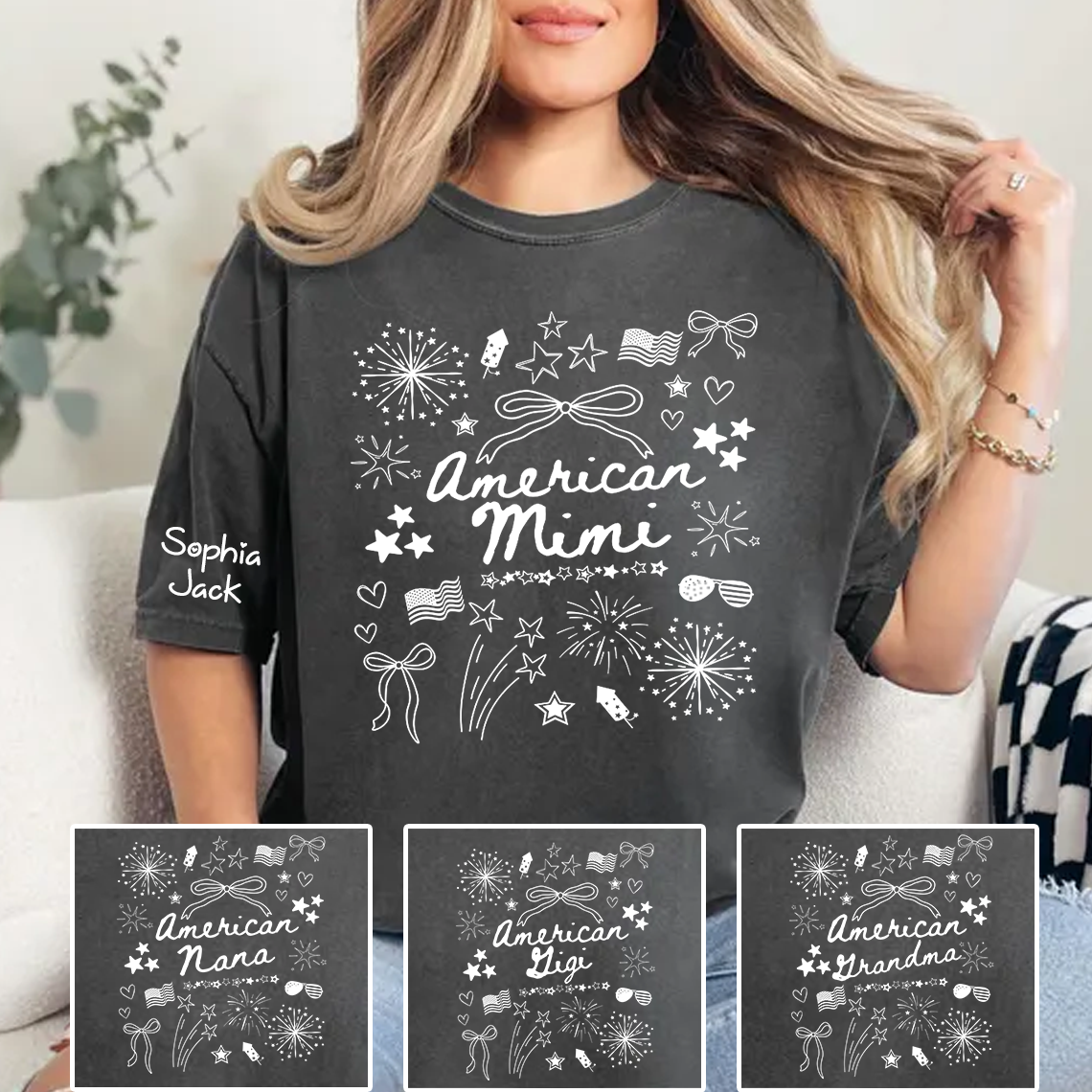 Personalized American Mimi T-Shirt Custom Family Nickname Shirt with Firework Design for 4th of July, Gifts for Mother's Day, Birthday