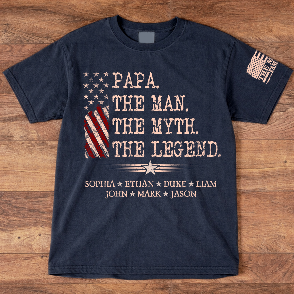 Custom Papa Shirt The Man The Myth The Legend with Kids Names, Vintage American Flag Dad Tee, Patriotic Gift for Father