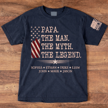 Custom Papa Shirt The Man The Myth The Legend with Kids Names, Vintage American Flag Dad Tee, Patriotic Gift for Father