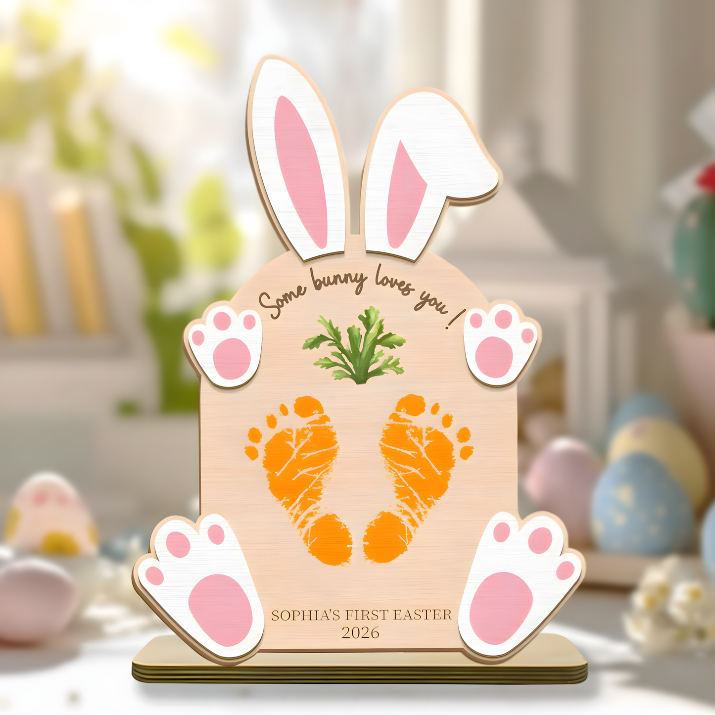 Personalized First Easter Wooden Plaque - "Some Bunny Loves You" with Baby’s Footprints, Custom Name and Date