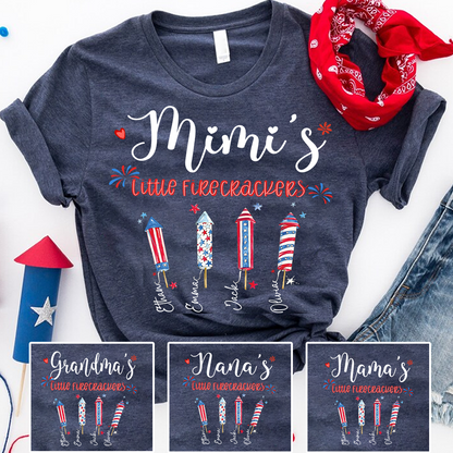 Personalized Mimi's Little Firecrackers T-shirt with Patriotic Fireworks Design, Grandma Gigi Mama Mimi Shirt for 4th of July, Patriotic Gift for Mother's Day