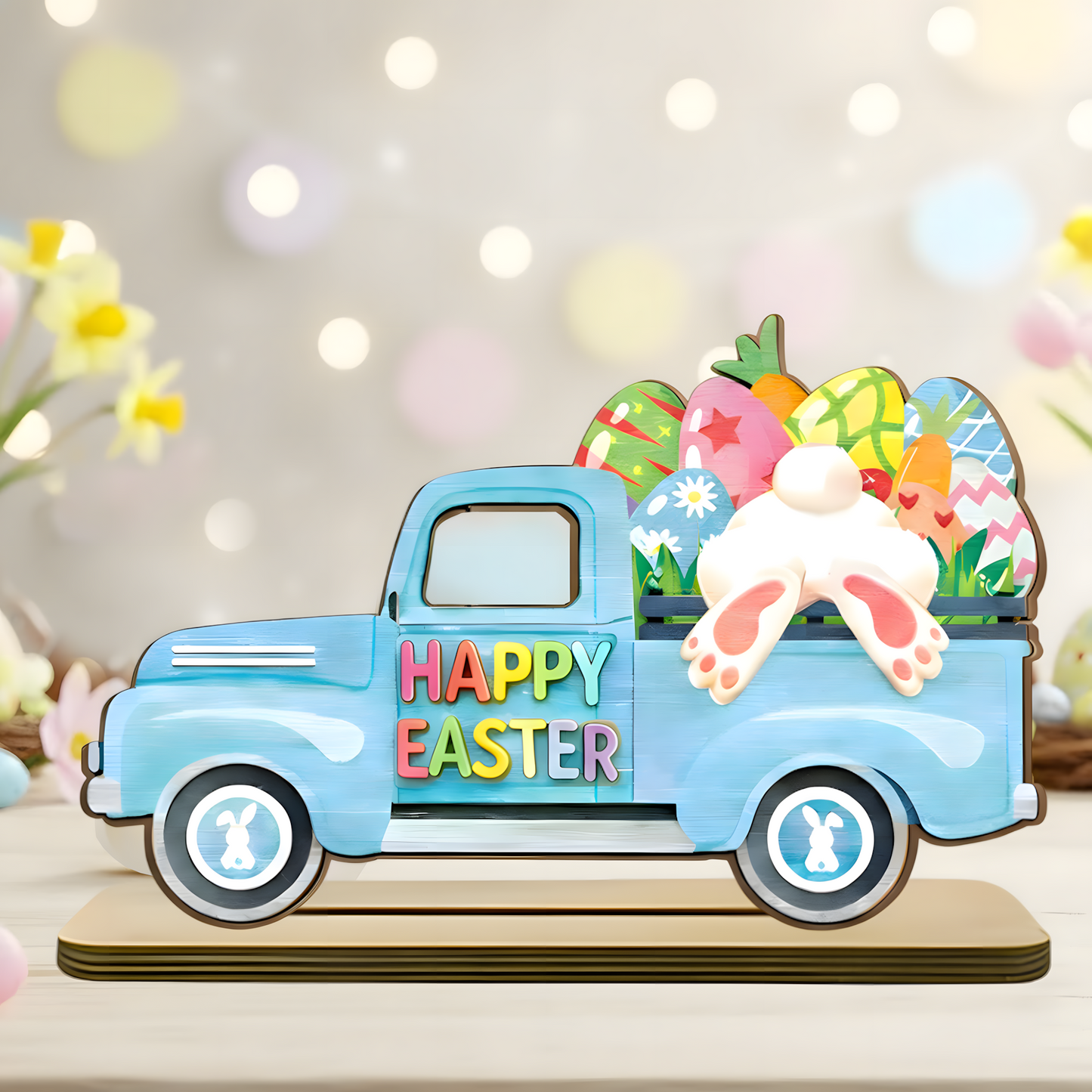 Personalized Easter Wooden Truck Plaque - Custom "Happy Easter" Decor with Colorful Eggs and Bunny Design