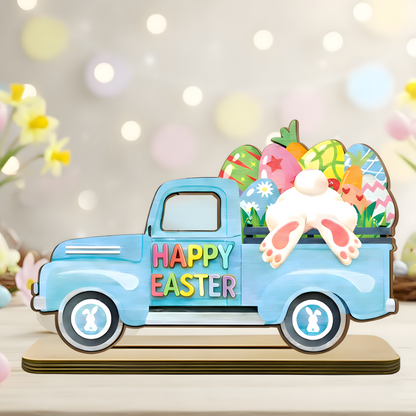 Personalized Easter Wooden Truck Plaque - Custom "Happy Easter" Decor with Colorful Eggs and Bunny Design