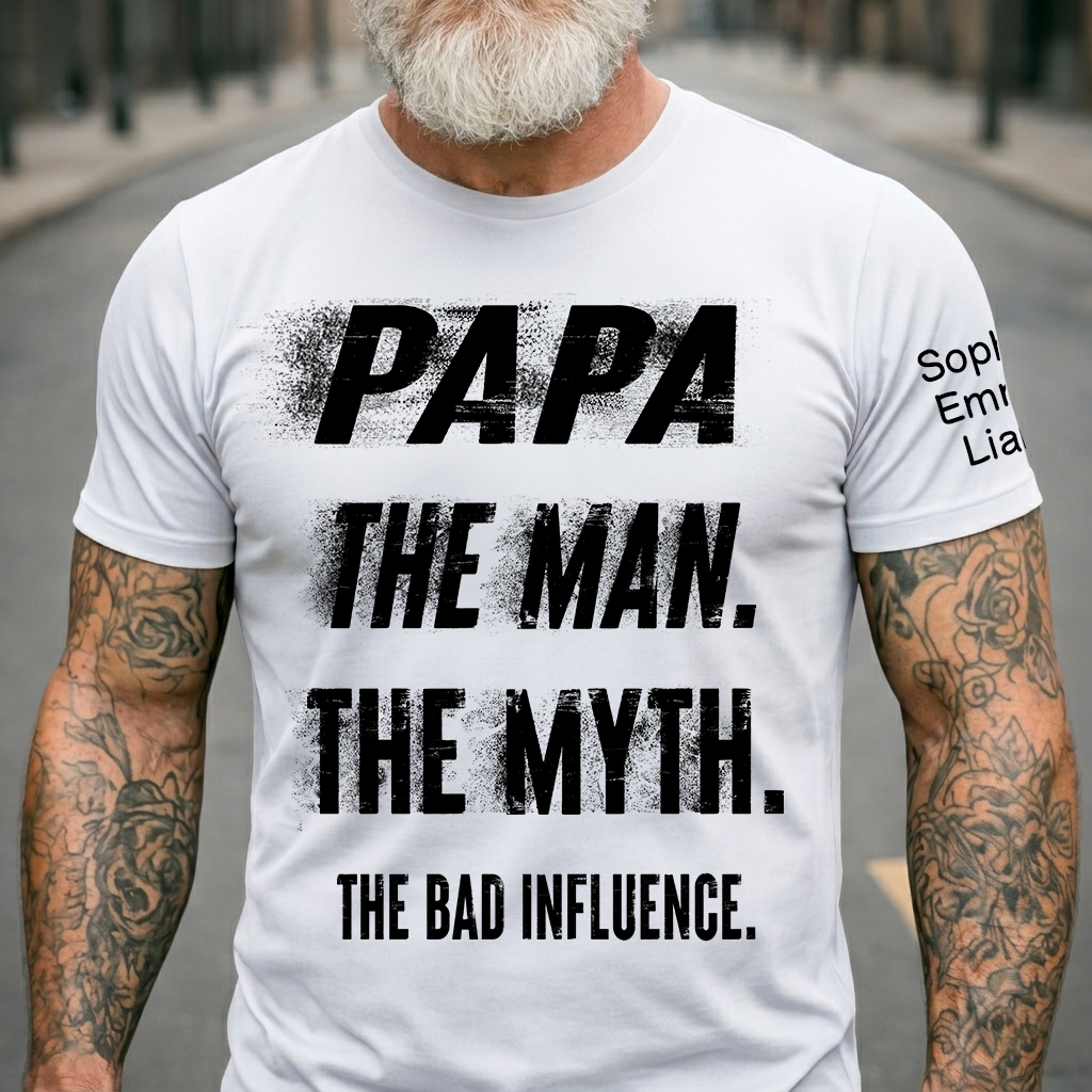 Personalized Papa Shirt with Kids Names, The Man Myth Bad Influence Grandpa Tee, Fathers Day Birthday Christmas Gift