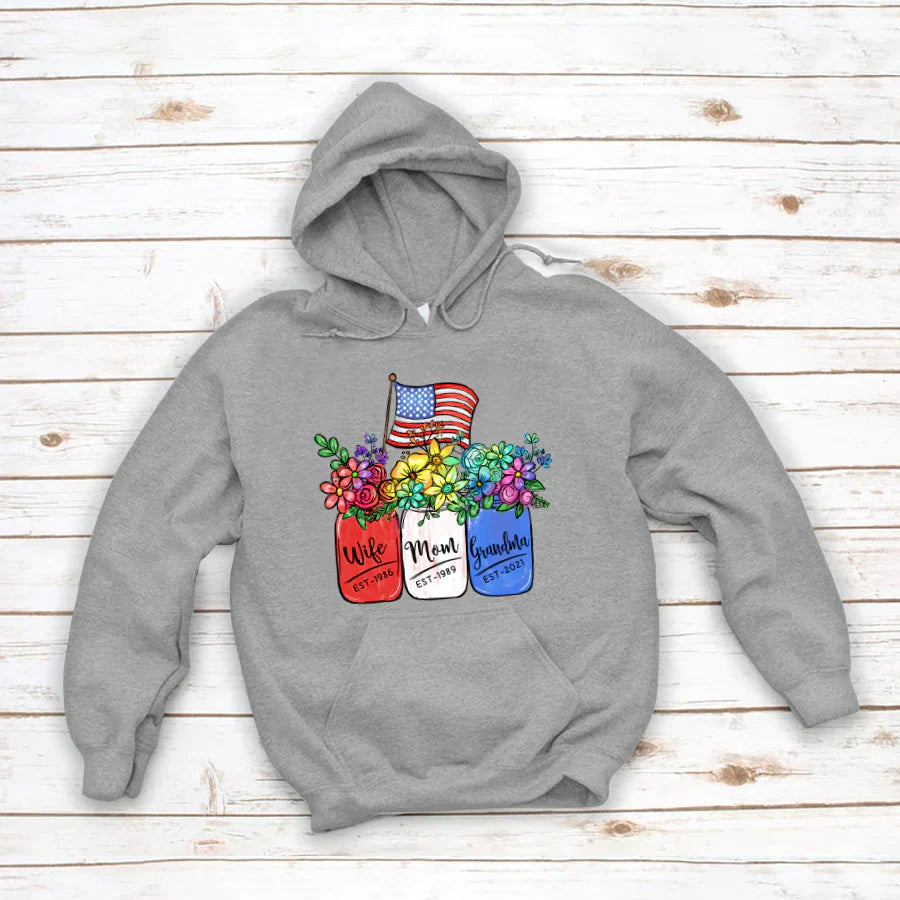 America Flag and Rainbow Floral Peace Wife Est Mom Est Grandma Est Hoodie