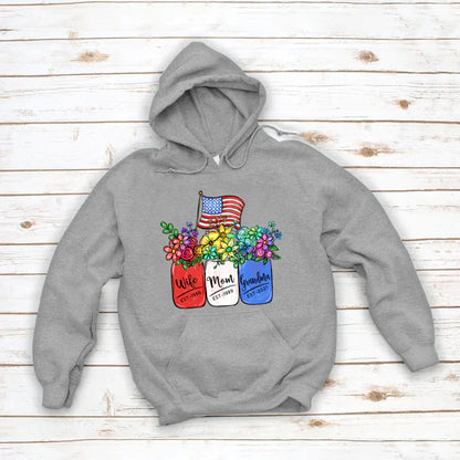 America Flag and Rainbow Floral Peace Wife Est Mom Est Grandma Est Hoodie