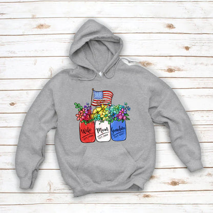 America Flag and Rainbow Floral Peace Wife Est Mom Est Grandma Est Hoodie