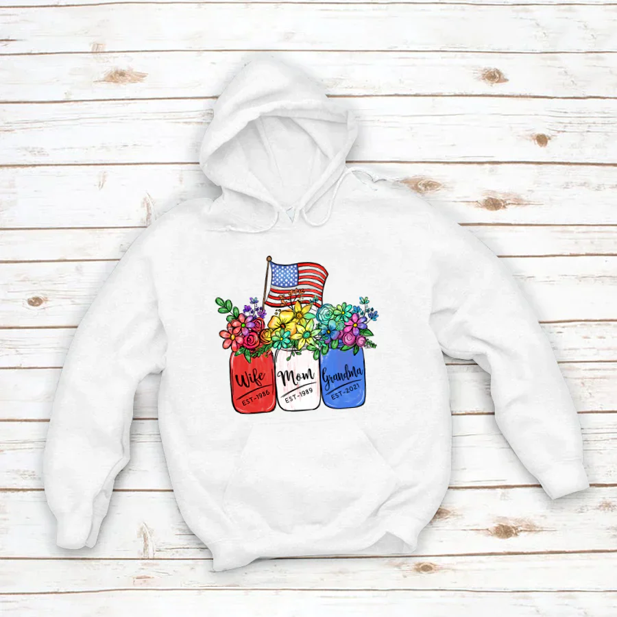 America Flag and Rainbow Floral Peace Wife Est Mom Est Grandma Est Hoodie
