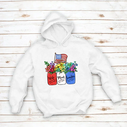 America Flag and Rainbow Floral Peace Wife Est Mom Est Grandma Est Hoodie
