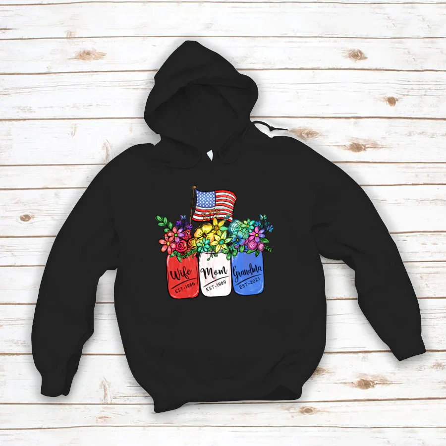 America Flag and Rainbow Floral Peace Wife Est Mom Est Grandma Est Hoodie
