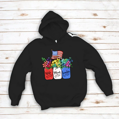 America Flag and Rainbow Floral Peace Wife Est Mom Est Grandma Est Hoodie
