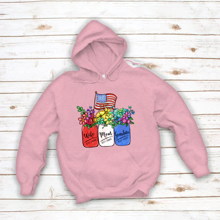America Flag and Rainbow Floral Peace Wife Est Mom Est Grandma Est Hoodie