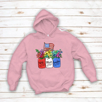 America Flag and Rainbow Floral Peace Wife Est Mom Est Grandma Est Hoodie