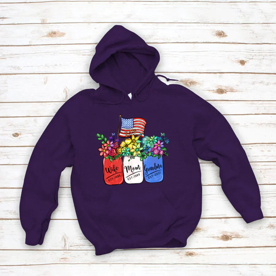 America Flag and Rainbow Floral Peace Wife Est Mom Est Grandma Est Hoodie