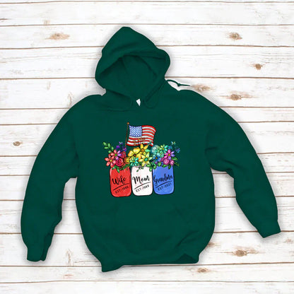 America Flag and Rainbow Floral Peace Wife Est Mom Est Grandma Est Hoodie