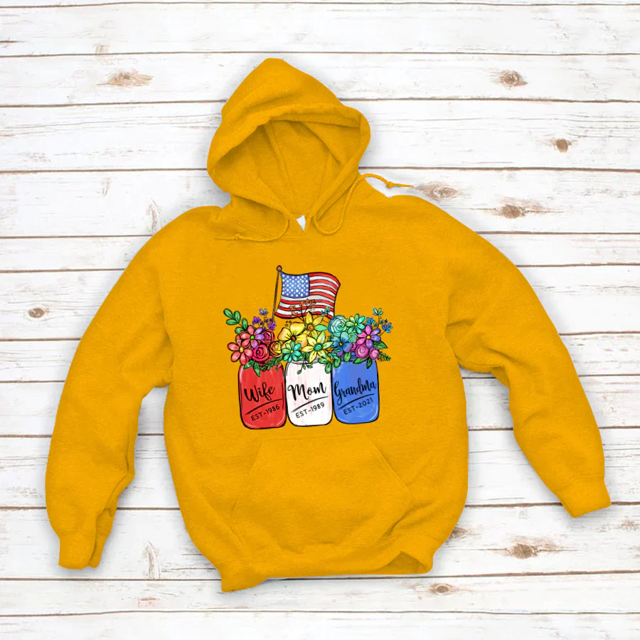 America Flag and Rainbow Floral Peace Wife Est Mom Est Grandma Est Hoodie