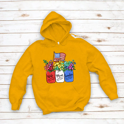 America Flag and Rainbow Floral Peace Wife Est Mom Est Grandma Est Hoodie