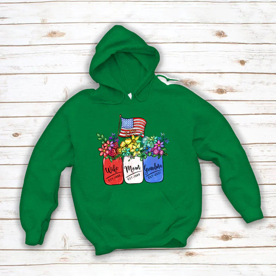 America Flag and Rainbow Floral Peace Wife Est Mom Est Grandma Est Hoodie