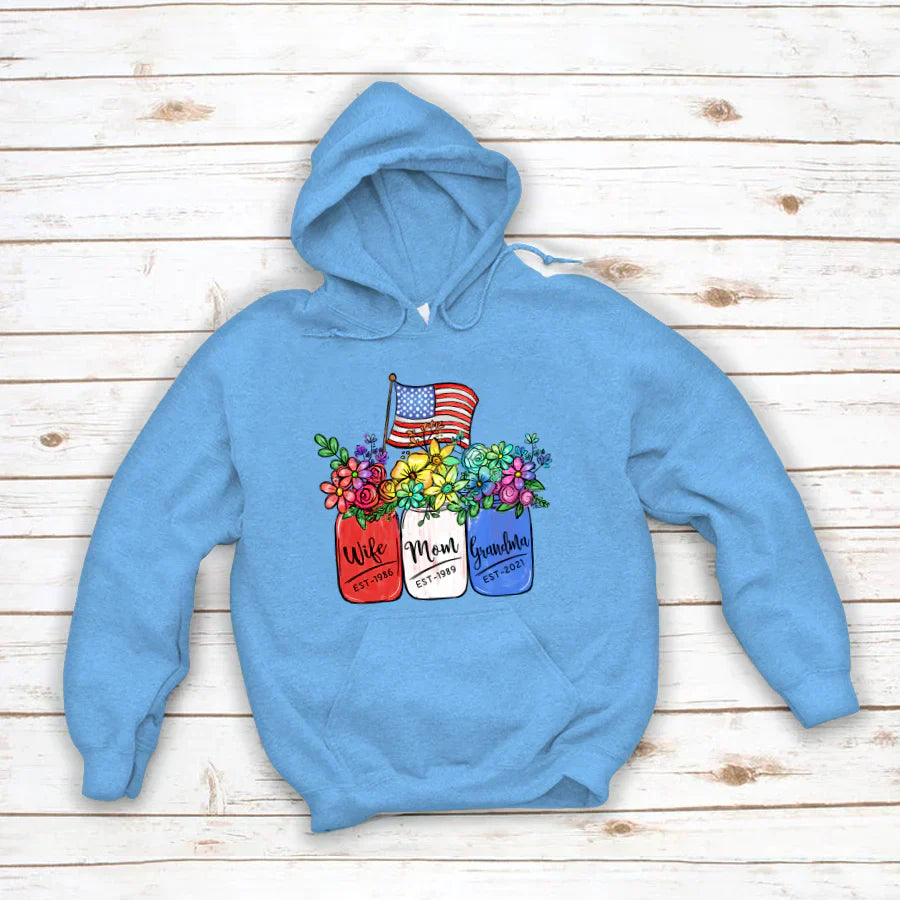 America Flag and Rainbow Floral Peace Wife Est Mom Est Grandma Est Hoodie