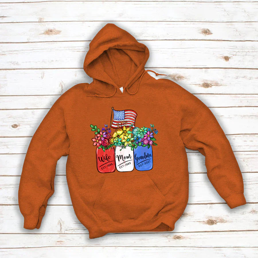 America Flag and Rainbow Floral Peace Wife Est Mom Est Grandma Est Hoodie