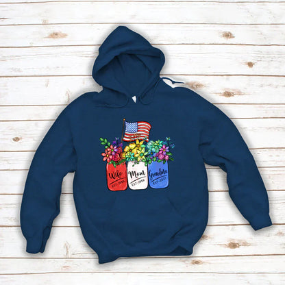 America Flag and Rainbow Floral Peace Wife Est Mom Est Grandma Est Hoodie