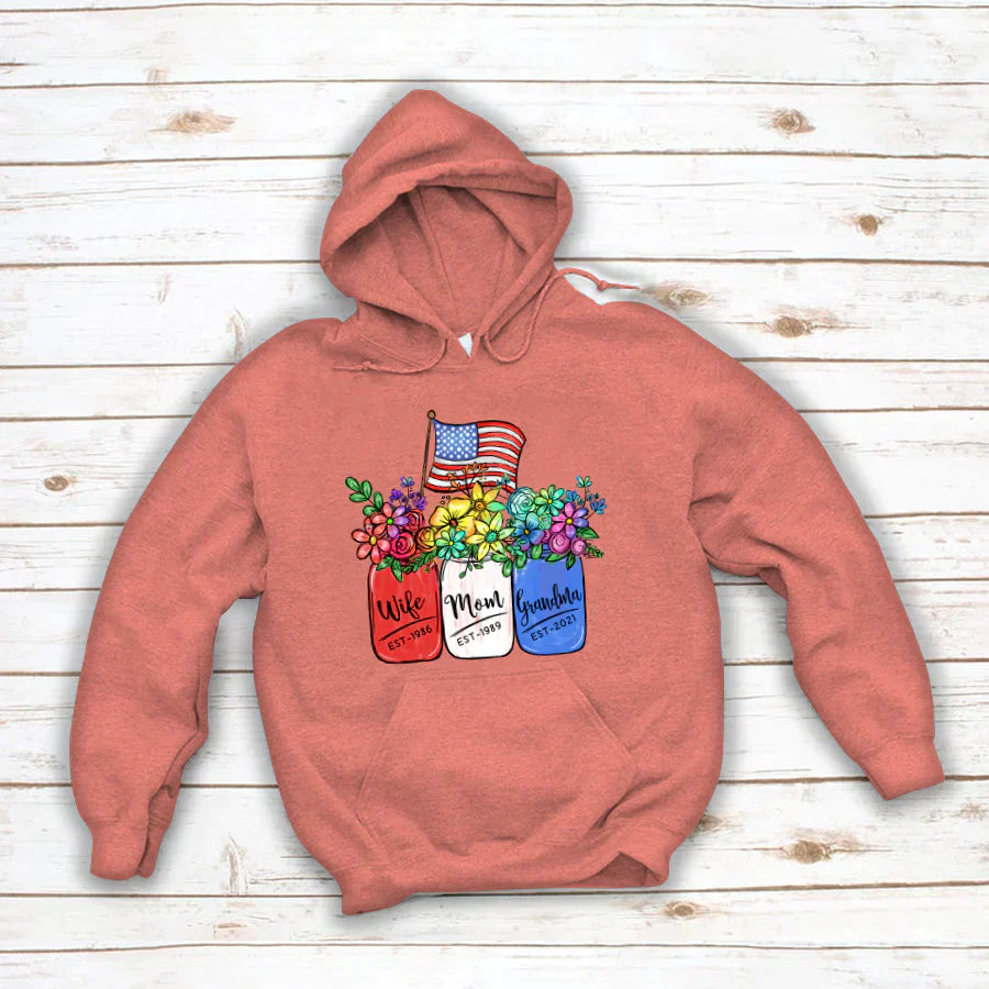 America Flag and Rainbow Floral Peace Wife Est Mom Est Grandma Est Hoodie