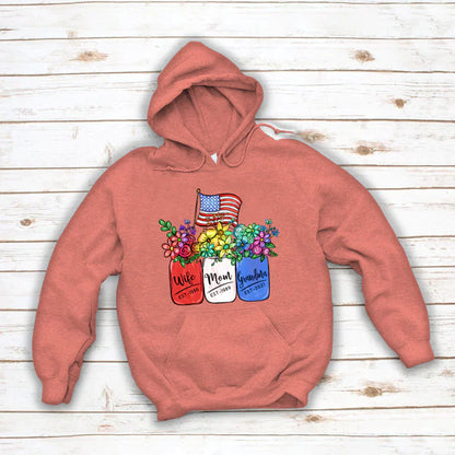 America Flag and Rainbow Floral Peace Wife Est Mom Est Grandma Est Hoodie