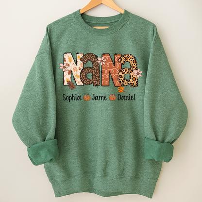 Autumn Leopard Nana And Grandkids Personalized Shirt
