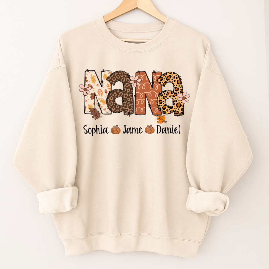 Autumn Leopard Nana And Grandkids Personalized Shirt