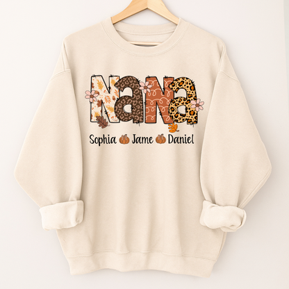Autumn Leopard Nana And Grandkids Personalized Shirt
