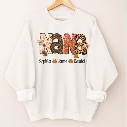 Autumn Leopard Nana And Grandkids Personalized Shirt